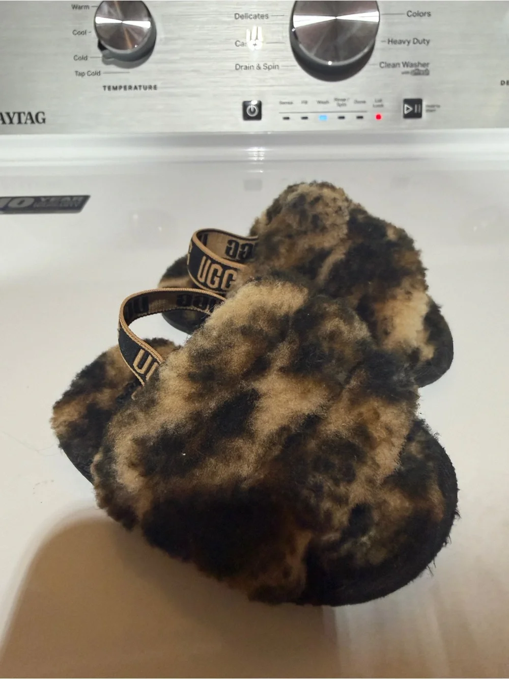 UGG Kids Brown Leopard Faux Shearling Slide Sandals
